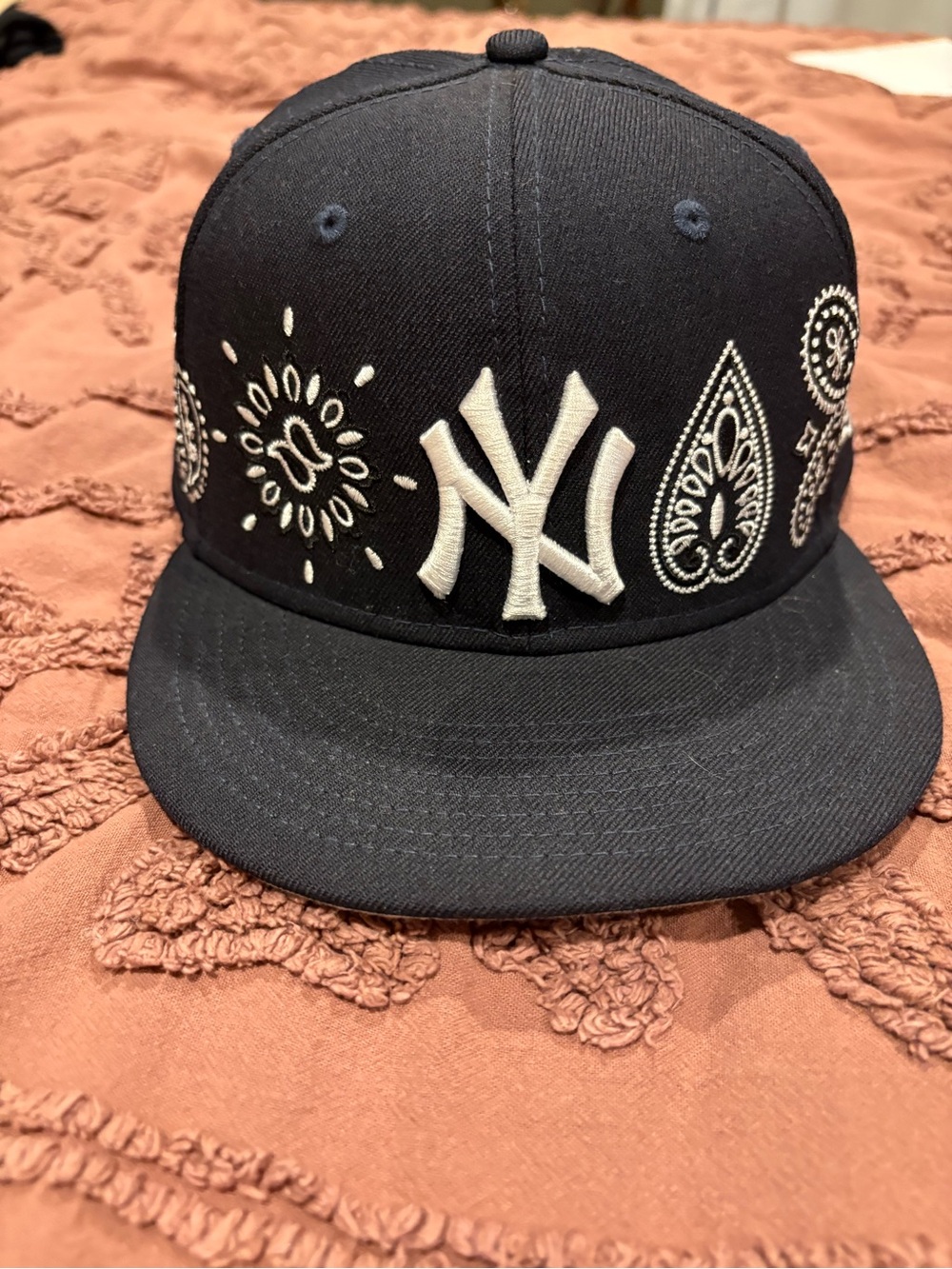 Yankee Black Cap with White NY Logo and Bandana Embroidery